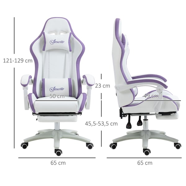 Gamingstol - Kontorsstol - PU-läder - Justerbar höjd - Lutning 135° - Nackstöd och fotstöd - 65x65x121-129 cm - Vit