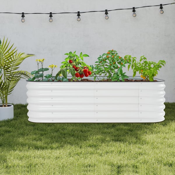 Galvaniseret højbed i stål - Fritstående plantekasse - 195×60×43 cm - Aluminiumbelagt - Ovnbagt lak - Hvid/Lysgrå