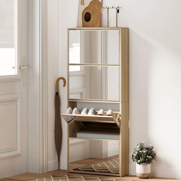 Skoskåp - Smal skohylla med spegel - 4 fällbara dörrar - För 12 par skor - 63×17×146 cm - Natur