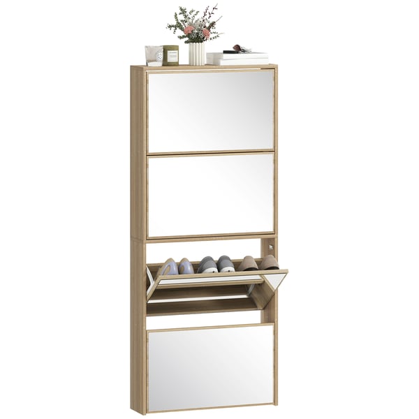 Skoskåp - Smal skohylla med spegel - 4 fällbara dörrar - För 12 par skor - 63×17×146 cm - Natur