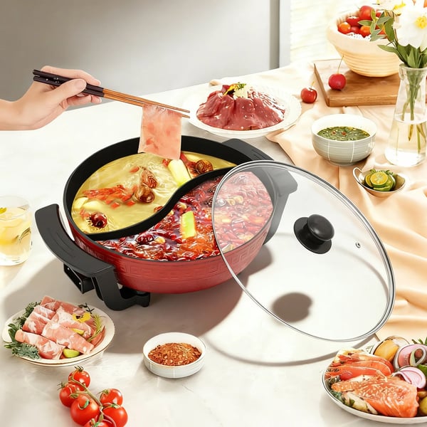 Elektrisk hot pot - Bordgryde - 1360 W - 220 V - Justerbar temperatur - Glaslåg - CE/EU - Rød