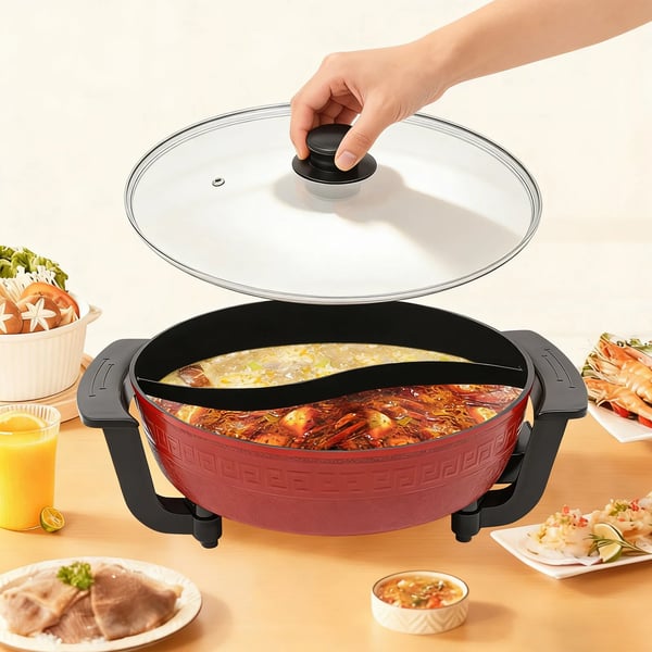 Elektrisk hot pot - Bordgryde - 1360 W - 220 V - Justerbar temperatur - Glaslåg - CE/EU - Rød