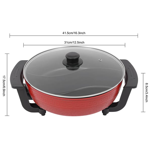 Elektrisk hot pot - Bordgryde - 1360 W - 220 V - Justerbar temperatur - Glaslåg - CE/EU - Rød