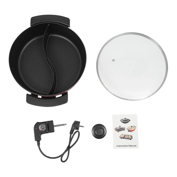 Elektrisk hot pot - Bordgryde - 1360 W - 220 V - Justerbar temperatur - Glaslåg - CE/EU - Rød