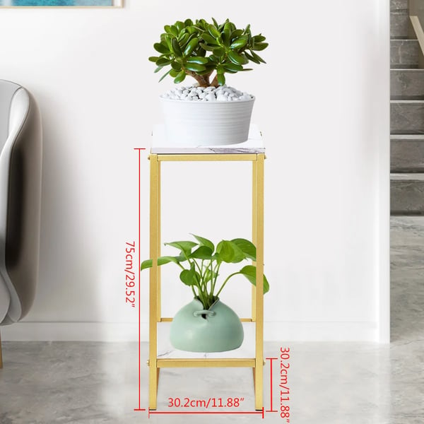 Plante- og blomsterstander - 2-niveaus gulvstativ - Jern + træ - 30,2×30,2×75 cm - Ikke-foldbar - Guld