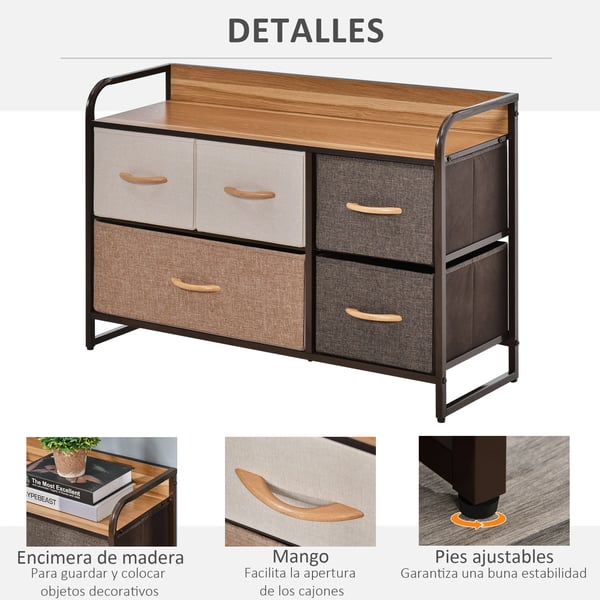 Sovrumsbyrå - Schubladenkommode - 5 Vikbara Lådor - Topp i Trä - Metallram - Polyester - 87,5 x 29 x 58 cm - Multifärgad