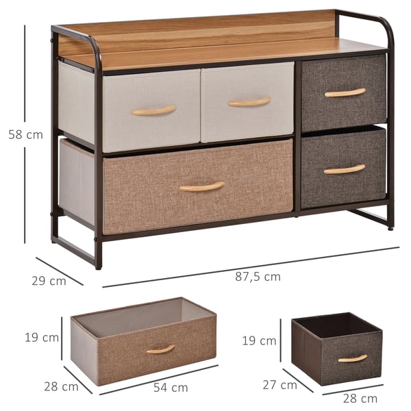 Sovrumsbyrå - Schubladenkommode - 5 Vikbara Lådor - Topp i Trä - Metallram - Polyester - 87,5 x 29 x 58 cm - Multifärgad