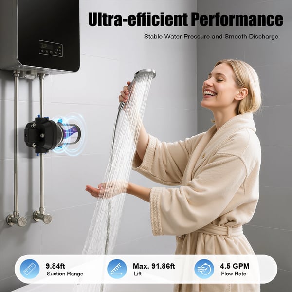 Vandpumpe - 12V tryk-/jetpumpe - Flow 17 l/min (4,5 GPM) - Justerbart tryk 2,75–5,88 bar - Nedsænkbar - EU-stik - Sort