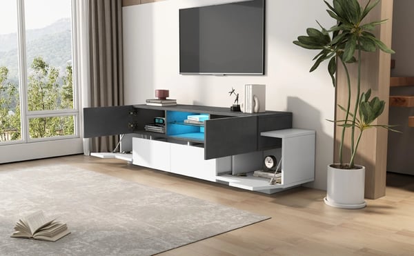 TV-bord med LED - Mediemøbel - 180 cm - Med opbevaring - Til TV op til 203 cm - Moderne design - Grå/Hvid