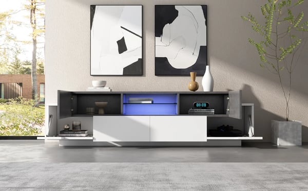TV-bord med LED - Mediemøbel - 180 cm - Med opbevaring - Til TV op til 203 cm - Moderne design - Grå/Hvid