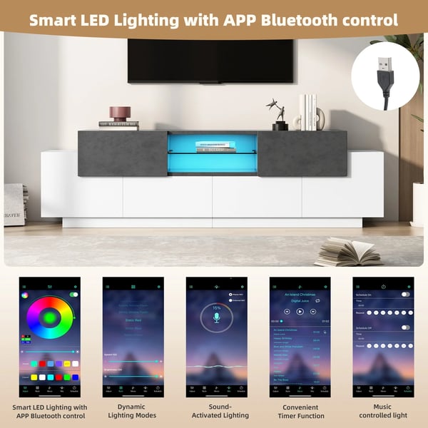 TV-bord med LED - Mediemøbel - 180 cm - Med opbevaring - Til TV op til 203 cm - Moderne design - Grå/Hvid
