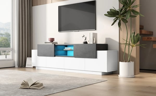TV-bord med LED - Mediemøbel - 180 cm - Med opbevaring - Til TV op til 203 cm - Moderne design - Grå/Hvid