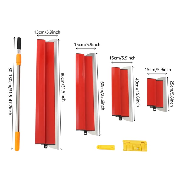 Glittespartelsæt - Spartel til Gips - 25/40/60/80 cm Blade - 80–130 cm Teleskopskaft - 360° Justerbar - Skridsikkert Greb - Rød