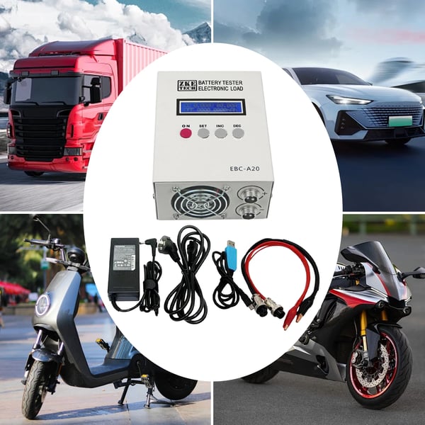 Batterikapacitetstester - EBC-A20 - 20A 85W Elektronisk Last - 4-leder Måling - LCD - Til Li-ion & Blysyre - Sort