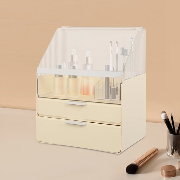 Makeup opbevaringsboks - Skrivebordsboks med skuffer - Støv- og vandtæt - Flere anvendelser - Til børster, læbestift, parfume - ABS/PET - Gul
