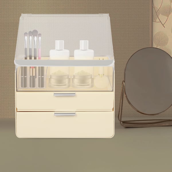 Makeup opbevaringsboks - Skrivebordsboks med skuffer - Støv- og vandtæt - Flere anvendelser - Til børster, læbestift, parfume - ABS/PET - Gul