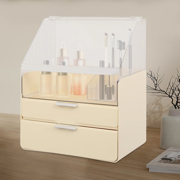 Makeup opbevaringsboks - Skrivebordsboks med skuffer - Støv- og vandtæt - Flere anvendelser - Til børster, læbestift, parfume - ABS/PET - Gul