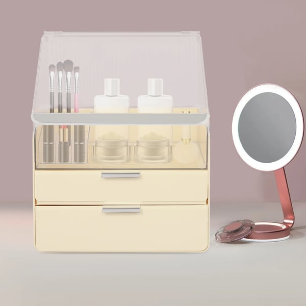 Makeup opbevaringsboks - Skrivebordsboks med skuffer - Støv- og vandtæt - Flere anvendelser - Til børster, læbestift, parfume - ABS/PET - Gul