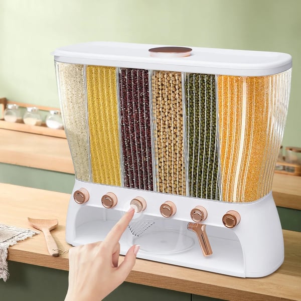Køkkendispenser til korn & ris - 6-rums opbevaringsbeholder - 10 kg kapacitet - Friskhedsbevarende - Genanvendelig PP - 42×16,5×36 cm - Hvid