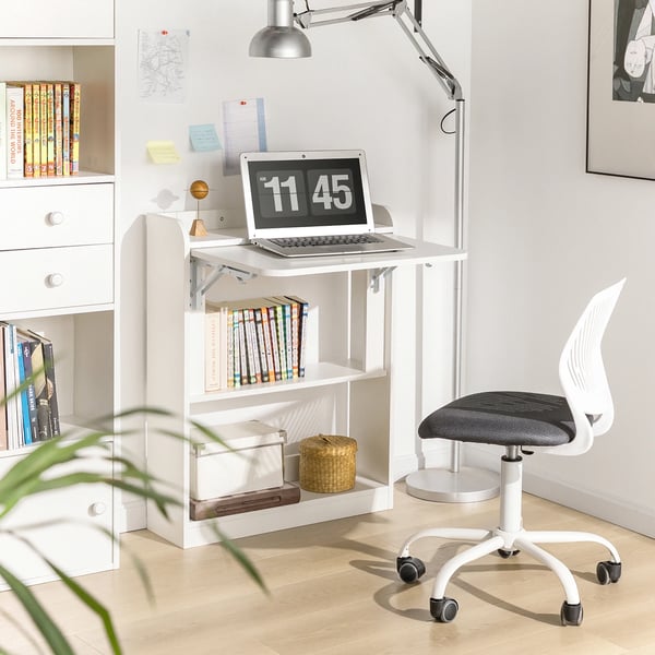 Væghængt foldbart skrivebord med hylder - FWT92 - Træ - Moderne stil - Kontor-/computerbord - Bredde 102–152 cm - Hvid