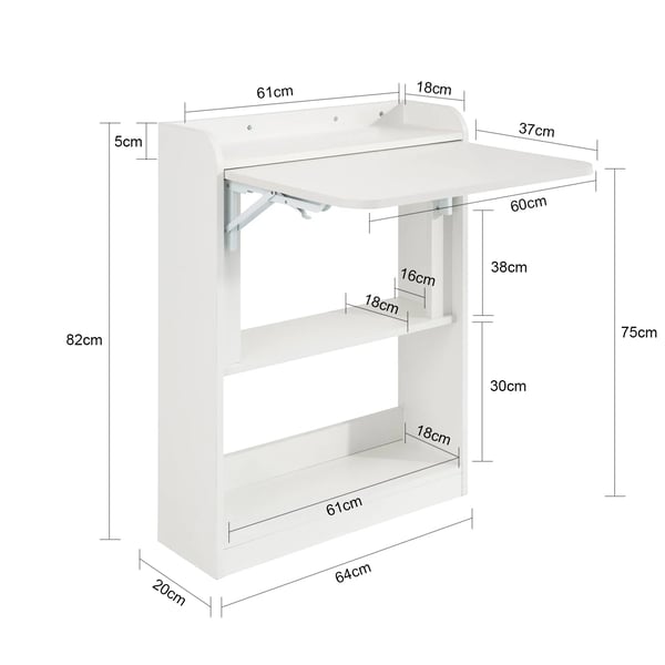 Væghængt foldbart skrivebord med hylder - FWT92 - Træ - Moderne stil - Kontor-/computerbord - Bredde 102–152 cm - Hvid