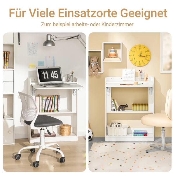 Væghængt foldbart skrivebord med hylder - FWT92 - Træ - Moderne stil - Kontor-/computerbord - Bredde 102–152 cm - Hvid