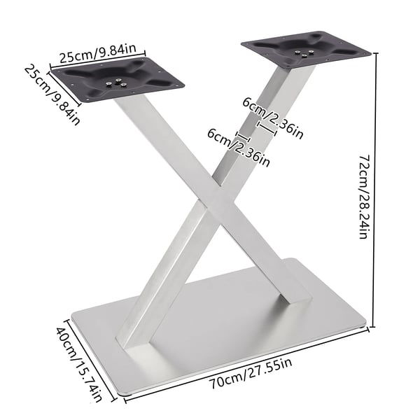 Bordben i rustfrit stål - X-formet bordbase - Højde 72 cm - Stabil gulvstående - Til rundt spisebord - Børstet sølv