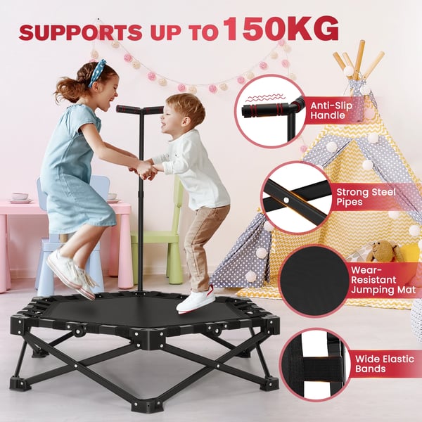 Kuntotrampoliini - Minitrampoliini kahvalla - Maks. 150 kg - Liukumaton kahva - Säädettävä korkeus - Hiljainen - Lapsille ja aikuisille - Musta