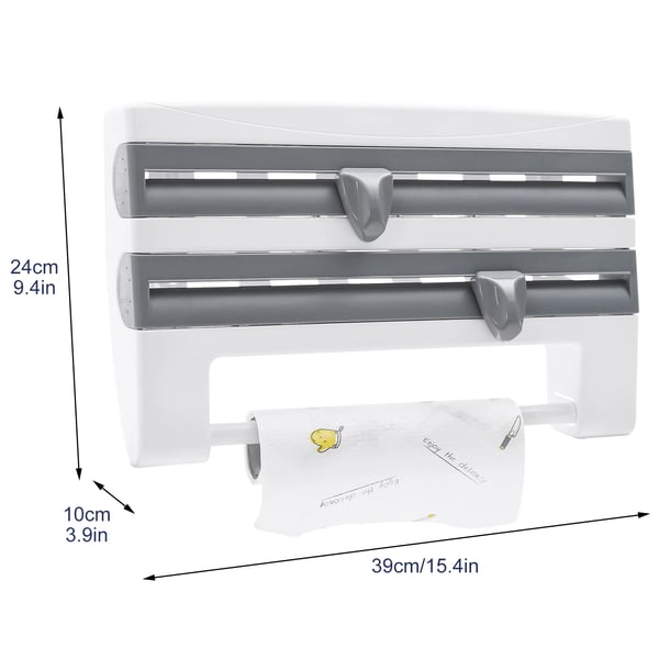 Vægmonteret køkkenrulleholder - Dispenser med hylde - Indbygget skærer til folie/film - Ruller op til 27 cm - 39×10×24 cm - Multifarvet