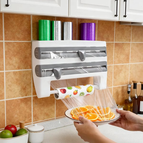 Vægmonteret køkkenrulleholder - Dispenser med hylde - Indbygget skærer til folie/film - Ruller op til 27 cm - 39×10×24 cm - Multifarvet