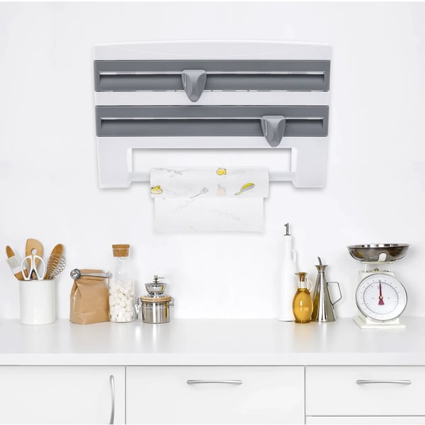 Vægmonteret køkkenrulleholder - Dispenser med hylde - Indbygget skærer til folie/film - Ruller op til 27 cm - 39×10×24 cm - Multifarvet