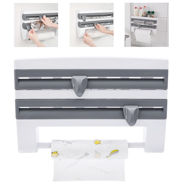 Vægmonteret køkkenrulleholder - Dispenser med hylde - Indbygget skærer til folie/film - Ruller op til 27 cm - 39×10×24 cm - Multifarvet