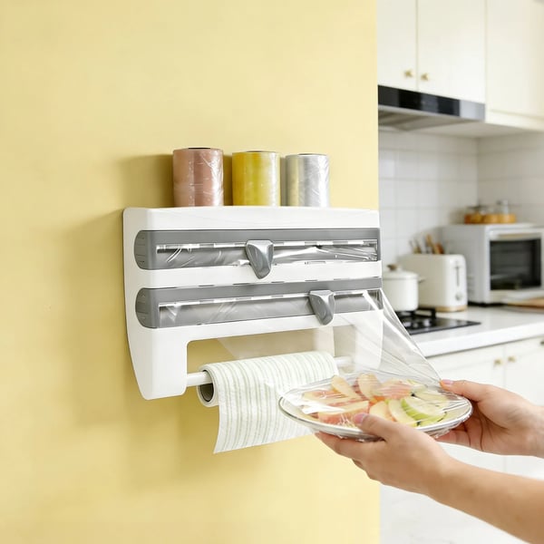 Vægmonteret køkkenrulleholder - Dispenser med hylde - Indbygget skærer til folie/film - Ruller op til 27 cm - 39×10×24 cm - Multifarvet