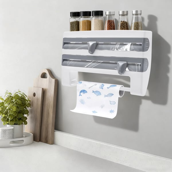 Vægmonteret køkkenrulleholder - Dispenser med hylde - Indbygget skærer til folie/film - Ruller op til 27 cm - 39×10×24 cm - Multifarvet