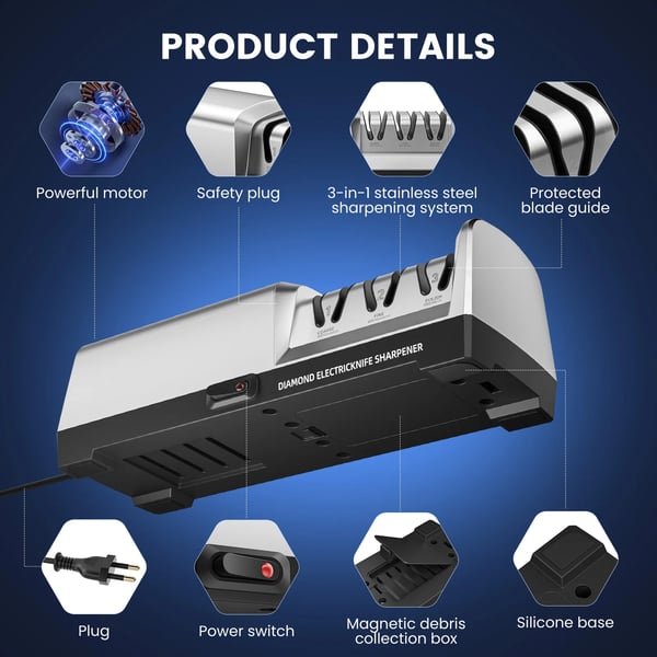 Knivsliber - Elektrisk knivsliber - Diamantslibning - Præcise vinkelguider - Til lige klinger og keramiske knive - Kulstofstål - Hvid