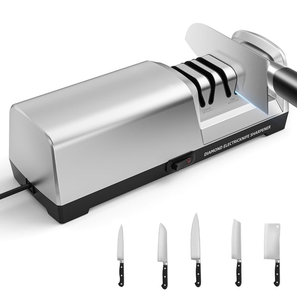 Knivsliber - Elektrisk knivsliber - Diamantslibning - Præcise vinkelguider - Til lige klinger og keramiske knive - Kulstofstål - Hvid