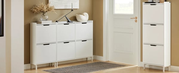 Skoskab - FSR151-H - Smalt, Tre klaplåger, Seks hylder, Træ, Moderne, Samles selv - Hvid