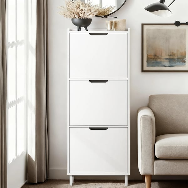 Skoskab - FSR151-H - Smalt, Tre klaplåger, Seks hylder, Træ, Moderne, Samles selv - Hvid