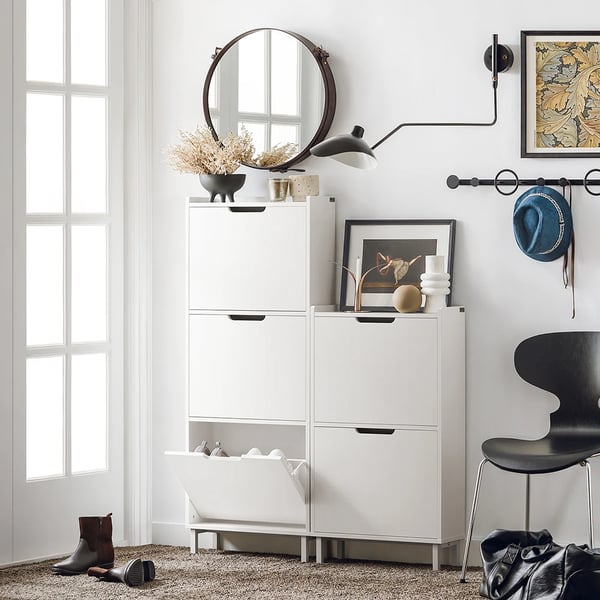 Skoskab - FSR151-H - Smalt, Tre klaplåger, Seks hylder, Træ, Moderne, Samles selv - Hvid