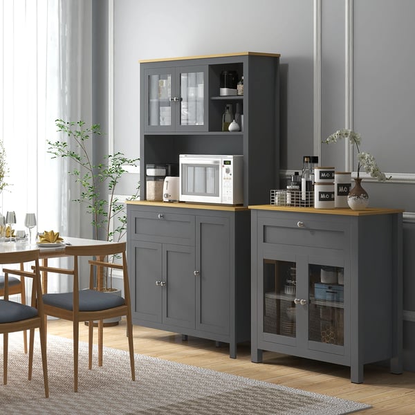 Högt köksskåp - Modulskåp - 5 dörrar - Justerbara hyllor - Låda - Öppen mikrovåghylla med kabelhål - MDF & melamin - 100×40×180 cm - Grå