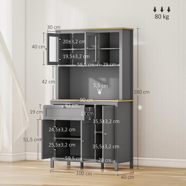 Högt köksskåp - Modulskåp - 5 dörrar - Justerbara hyllor - Låda - Öppen mikrovåghylla med kabelhål - MDF & melamin - 100×40×180 cm - Grå