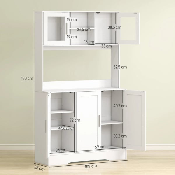 Kökskåp - Köksvitrin - 2 glasdörrar - Stor bänkyta för mikrovågsugn - Öppna fack - Justerbara hyllor - 108×35×180 cm - Vit