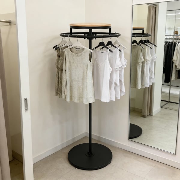 Tøjstativ - Spiral gulvdisplay - Kraftig konstruktion - Med naturtræsplade - Til butik & hjem - Montering kræves - Sort