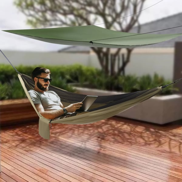Camping hængekøje - Hængekøje med myggenet - Regnslag (tarp) - Polyester - Til backpacking og rejser - Armygrøn