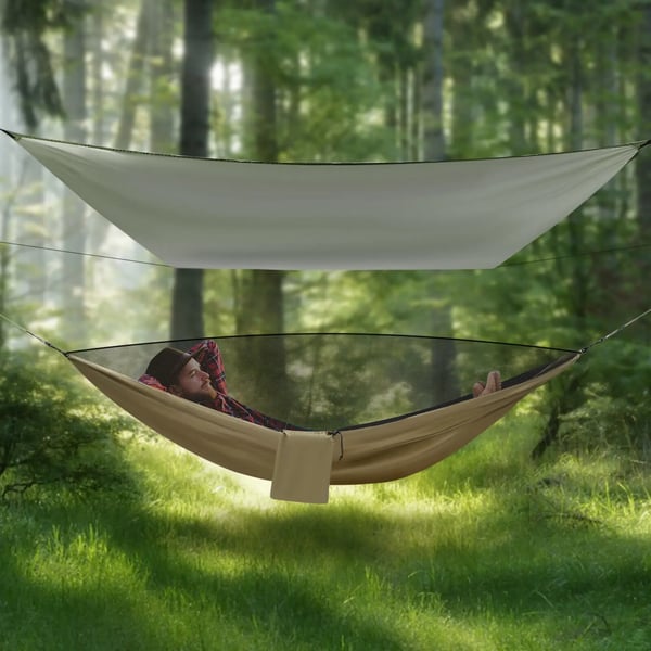 Camping hængekøje - Hængekøje med myggenet - Regnslag (tarp) - Polyester - Til backpacking og rejser - Armygrøn