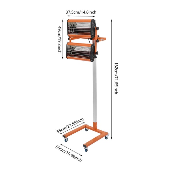 IR lak-tørrer - dobbelt IR-hærdelampe på stativ med hjul - 2000 W - 220 V - 360° rotation - Timer 0–60 min - Tørreareal 0,8×0,6 m - Orange