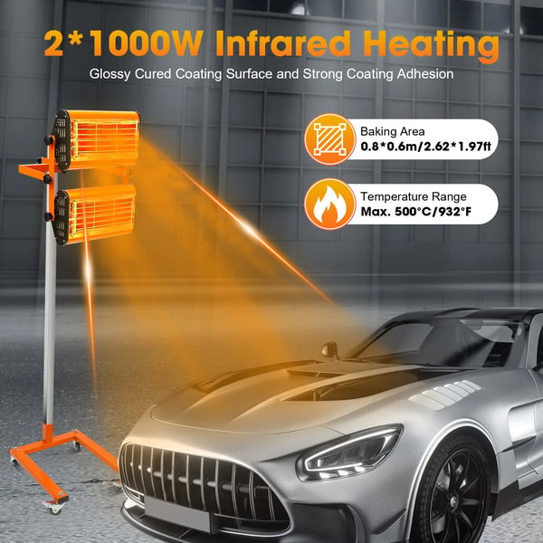 IR lak-tørrer - dobbelt IR-hærdelampe på stativ med hjul - 2000 W - 220 V - 360° rotation - Timer 0–60 min - Tørreareal 0,8×0,6 m - Orange