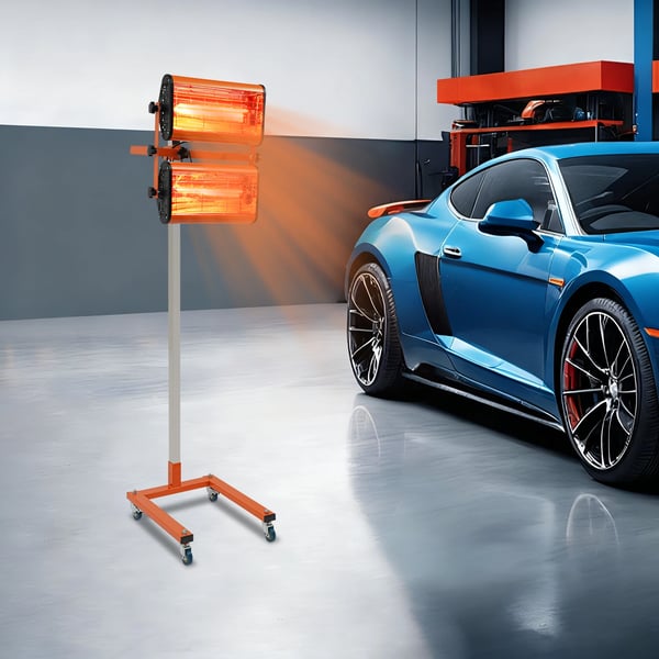 IR lak-tørrer - dobbelt IR-hærdelampe på stativ med hjul - 2000 W - 220 V - 360° rotation - Timer 0–60 min - Tørreareal 0,8×0,6 m - Orange