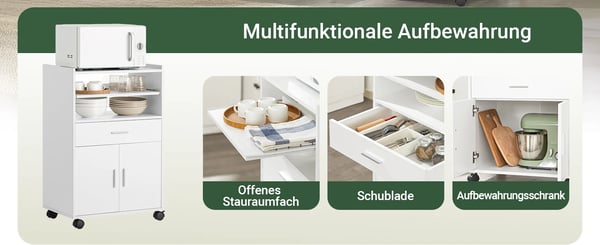 Køkkenvogn & mikrobølgeovnsskab - FSB09 - Træ - 1 skuffe - Udtræksplade - Med hjul - Montering kræves - Hvid