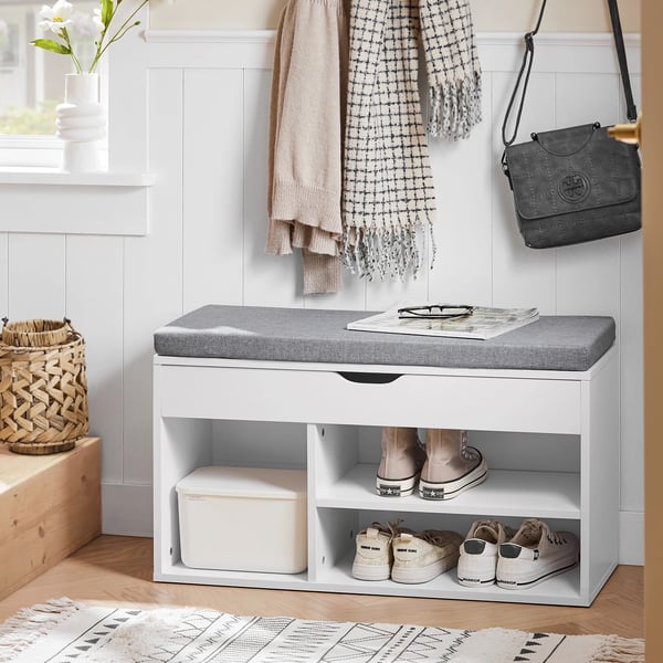 Skobænk - FSR45 Skoreol - Med Siddepude - Træ - Moderne Minimalistisk - 80x46x30 cm - Hvid